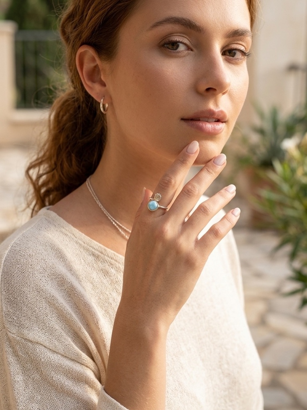 Dainty Larimar Sterling Silver Gemstone Shell Accent Ring sz 8.5